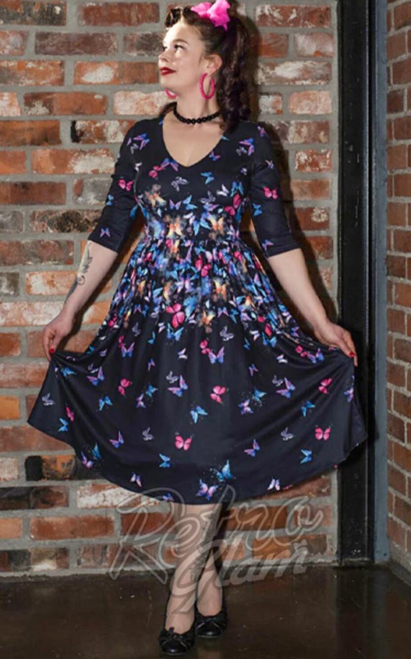 Dolly & Dotty Billie Black Butterfly Long Sleeved Dress Size 16